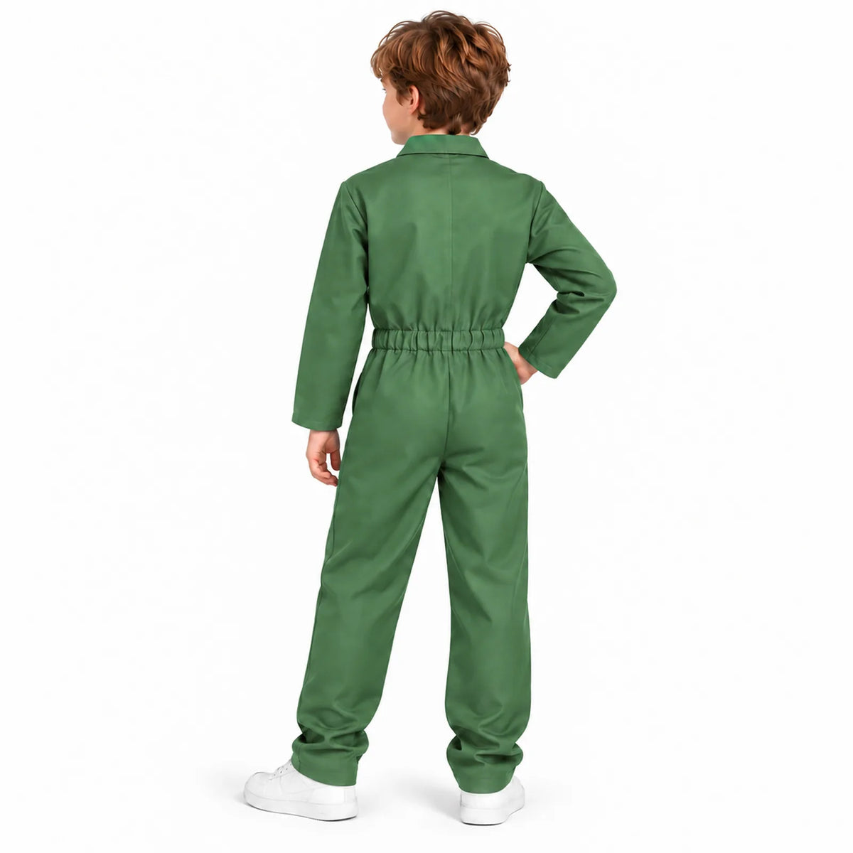 The back of a child wearing the green coverall shows its gathered waist.