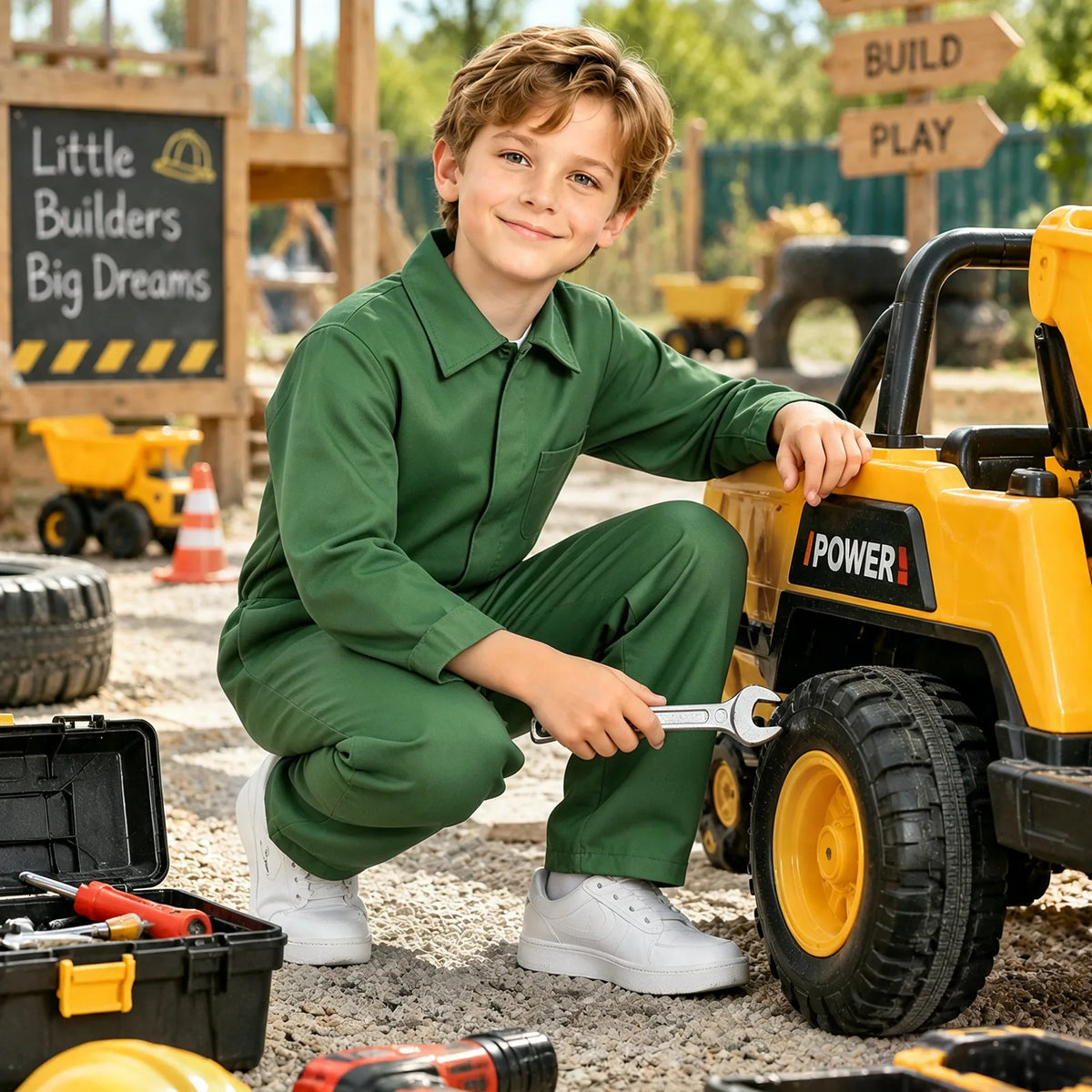 A child in a green coverall costume plays beside a toy construction vehicle and tools.