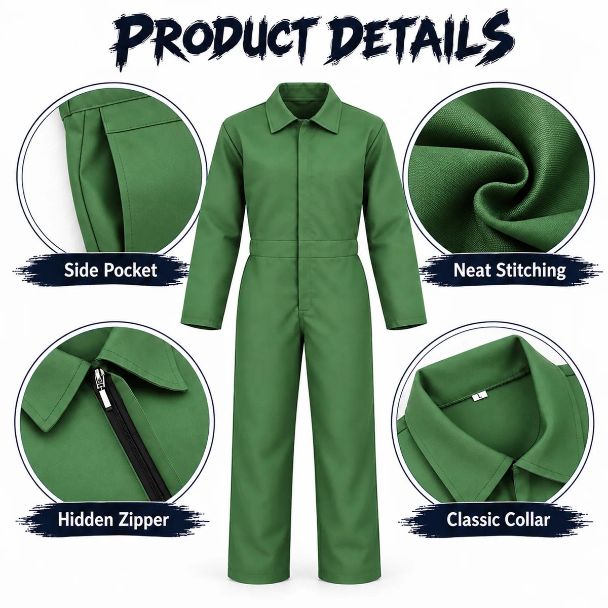 Green coverall detail panels show the side pocket, stitching, hidden zipper and pointed collar.