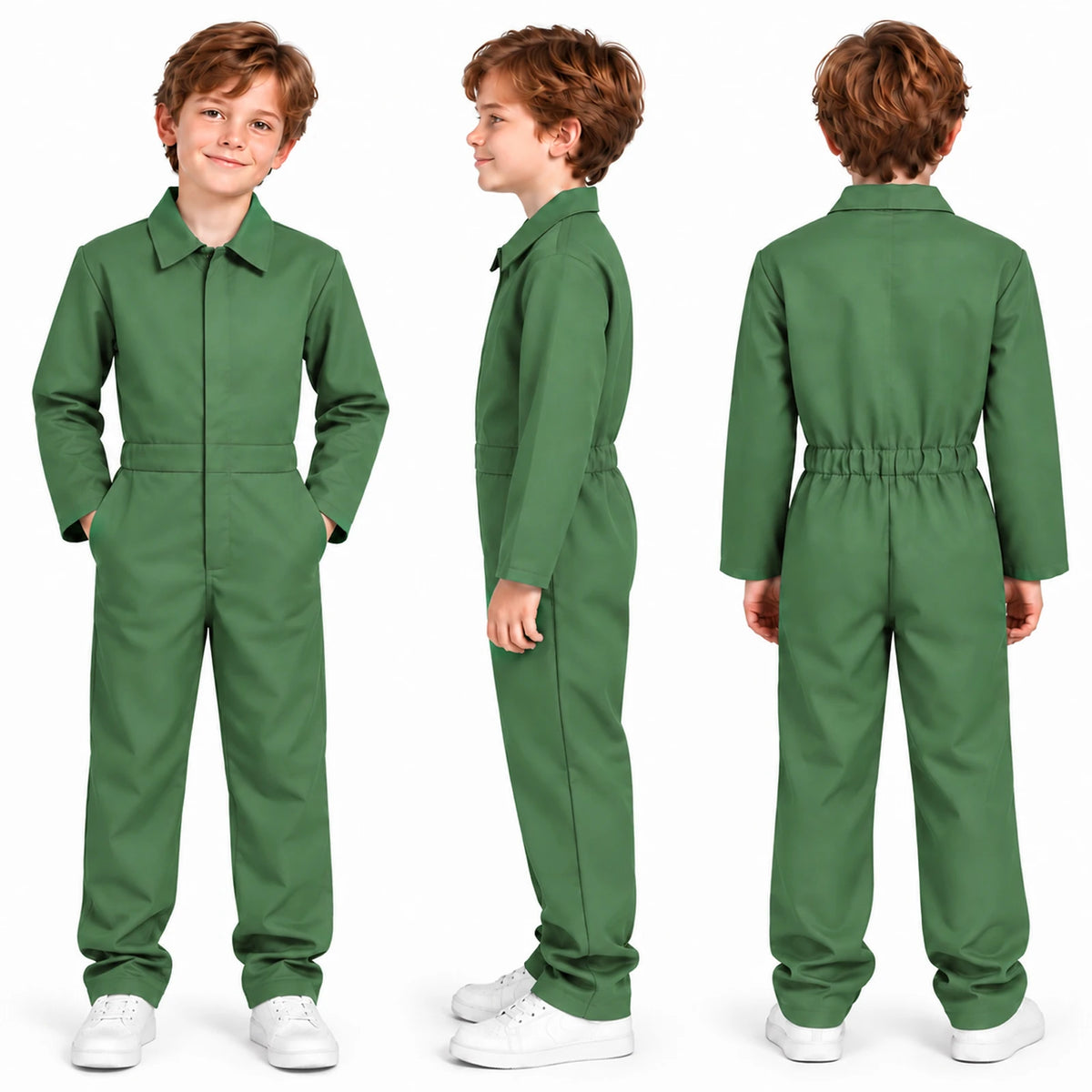 Three views of the green coverall costume show its pointed collar, long legs and elasticated back waist.