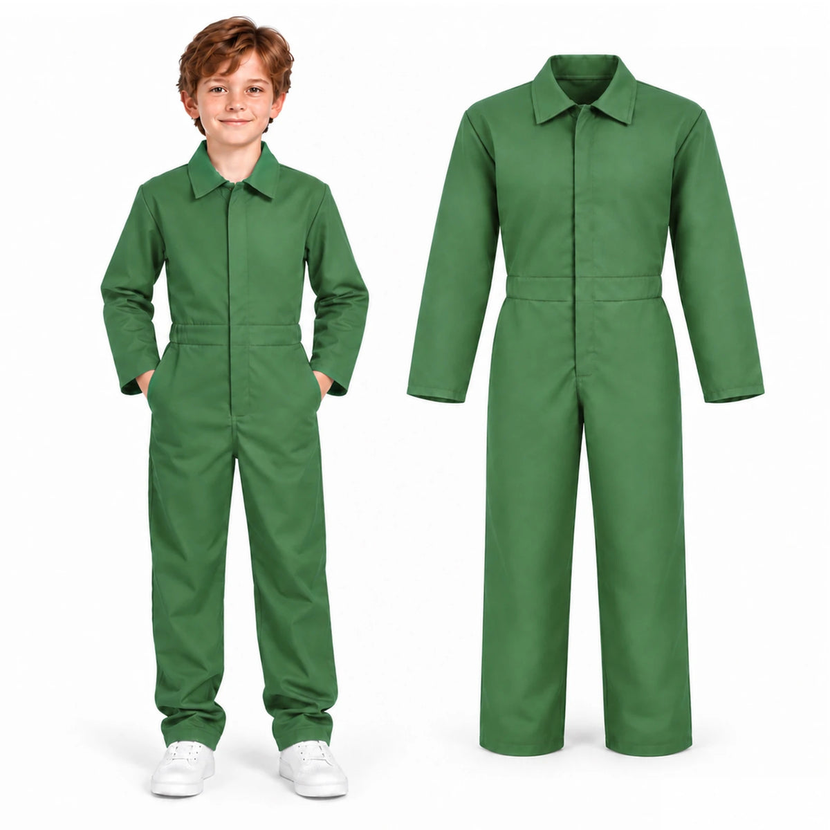 A child wears a green jumpsuit costume beside an isolated view of the collared coverall.