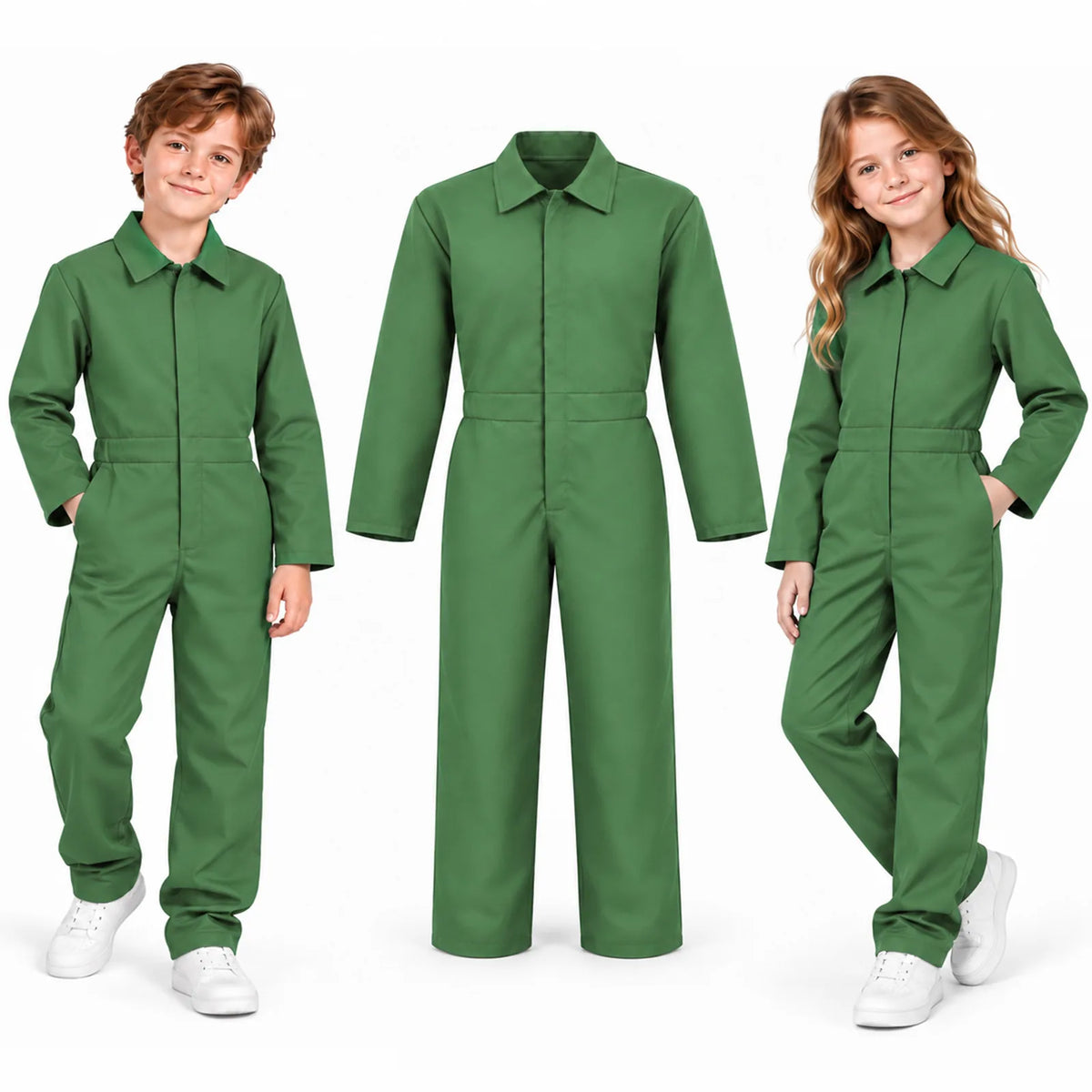 Two children stand beside an isolated green coverall costume on a white background.
