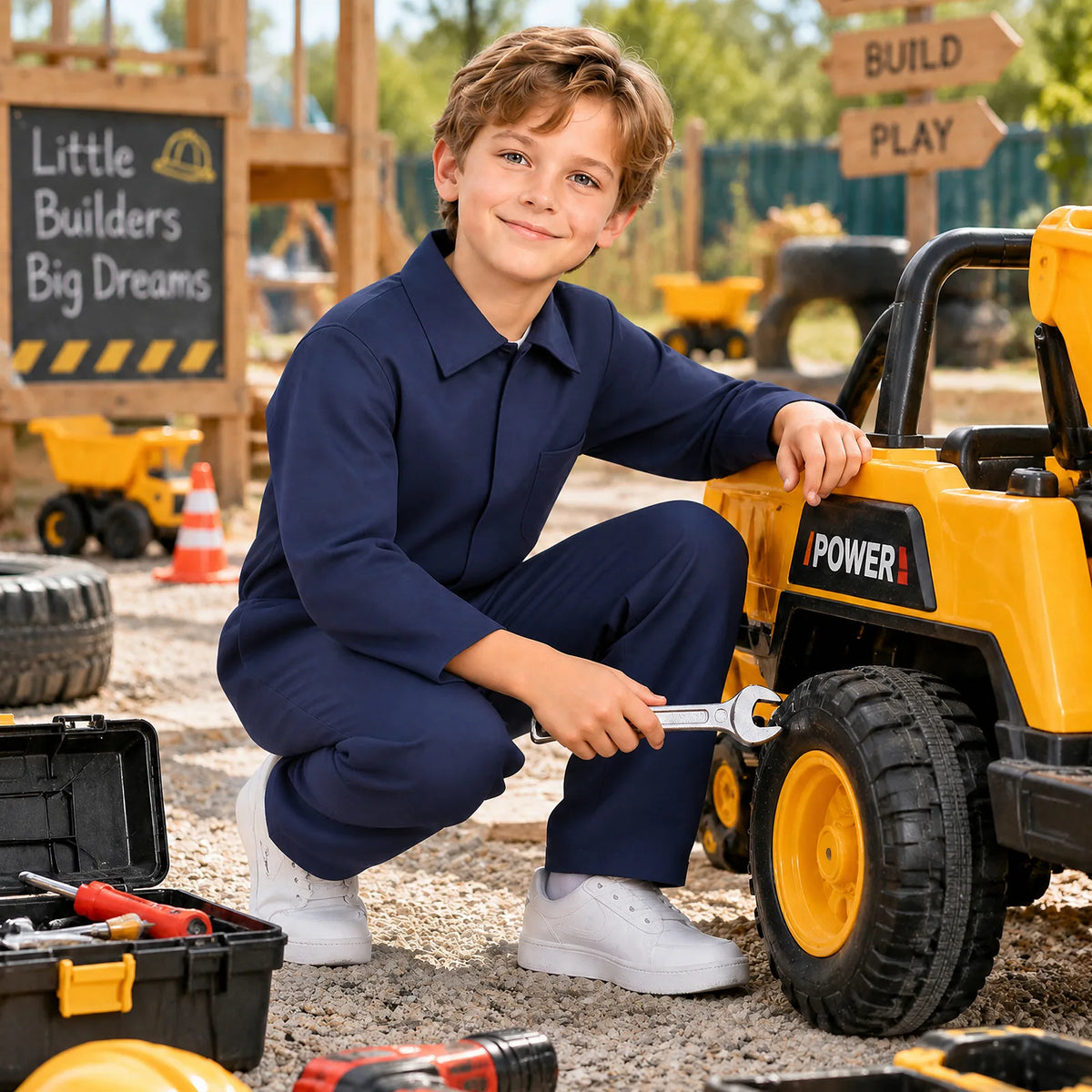 A child wearing a navy coverall costume poses beside a toy construction vehicle and tools.