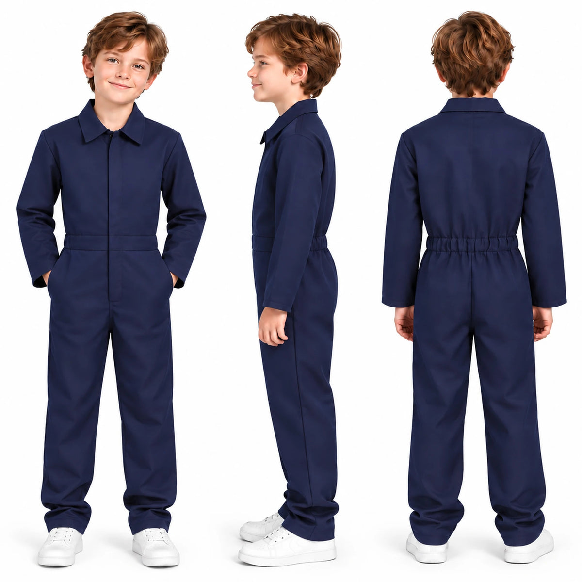Front, side and back views of the navy coverall costume show the full-length one-piece design.