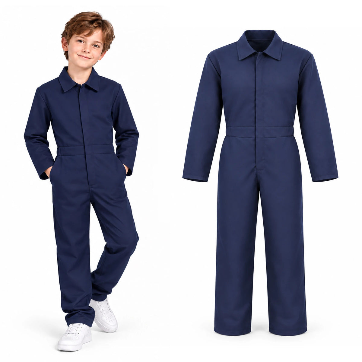 A child wears a dark blue jumpsuit costume beside the plain navy coverall.