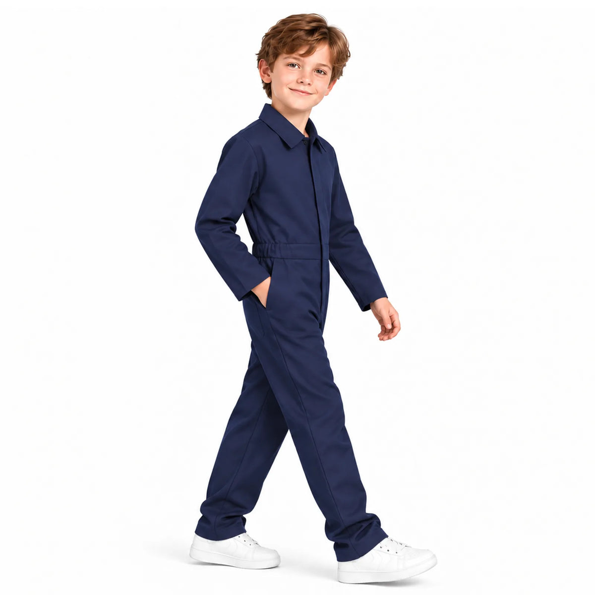 A child models the navy coverall costume from the side while walking.