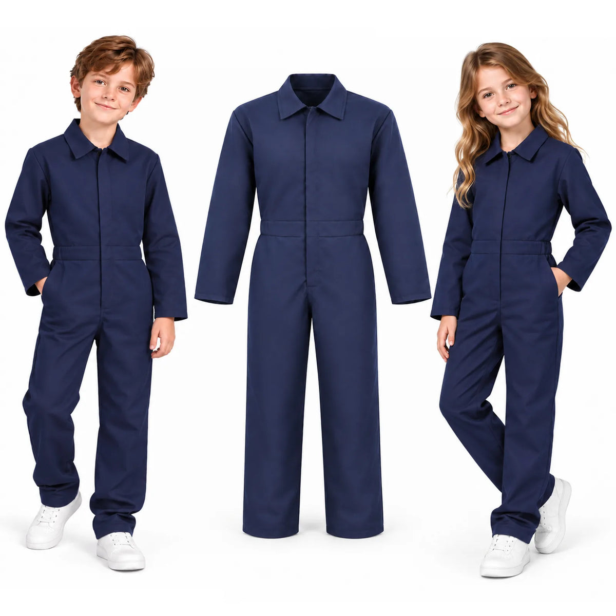 Two children stand beside an isolated navy coverall costume on a white background.