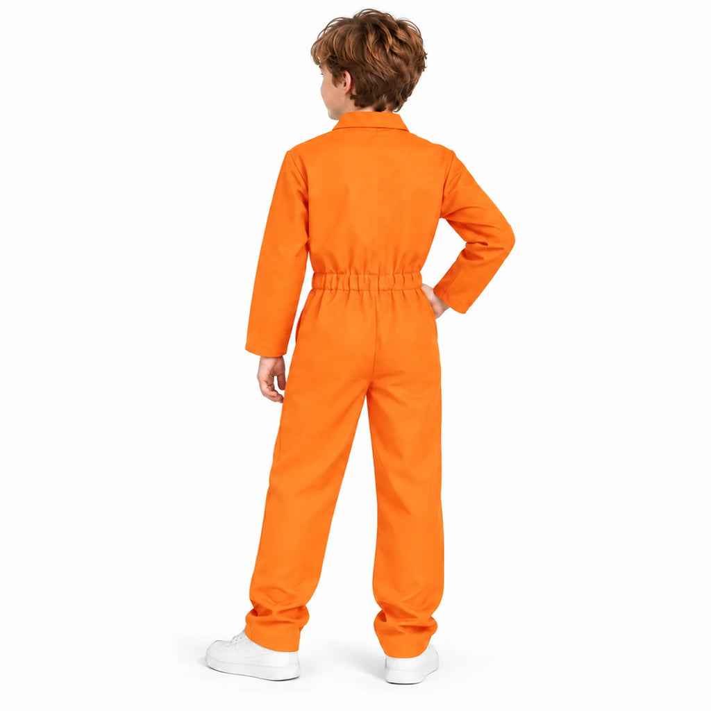 The back of a child wearing the orange coverall shows its gathered waist.