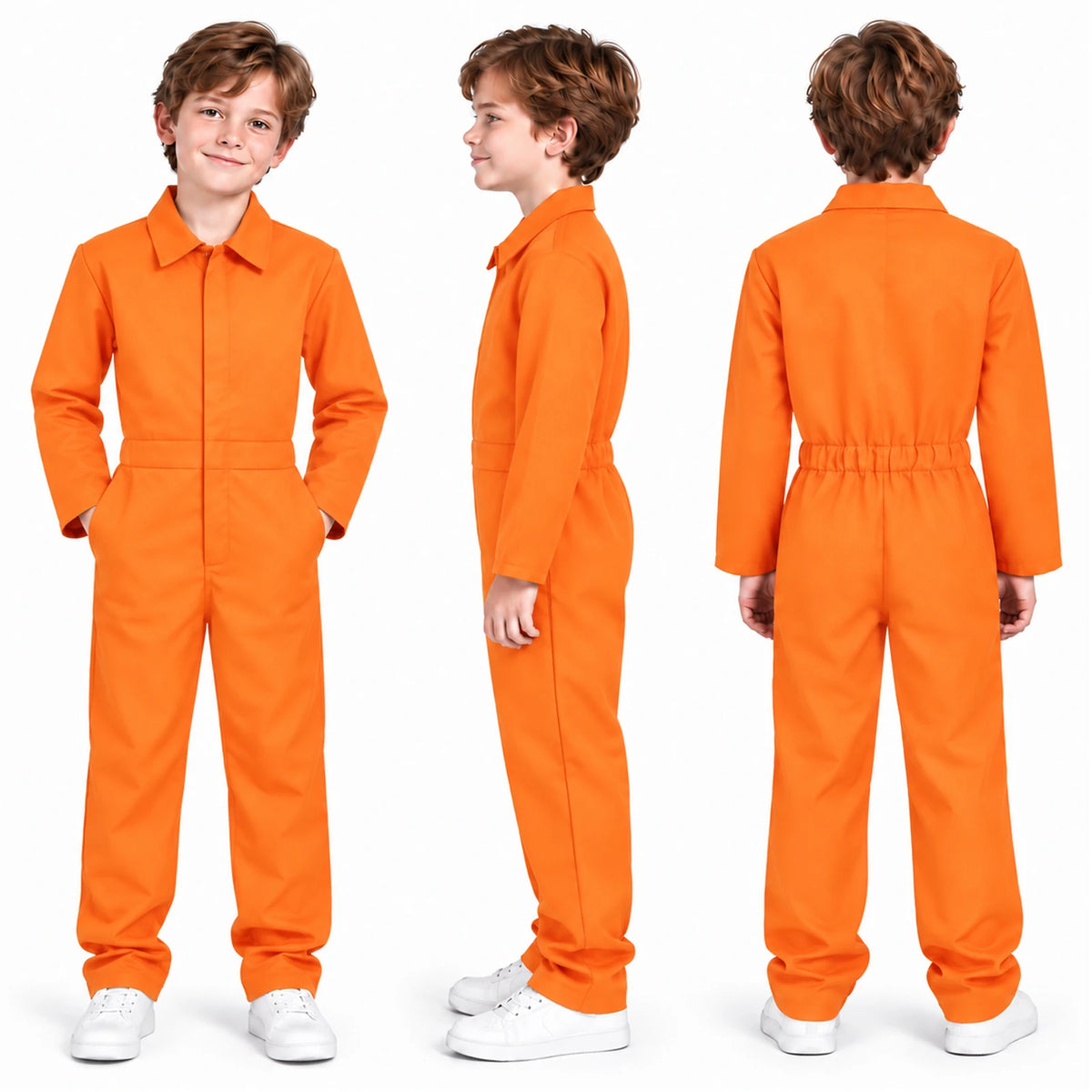 Front, side and back views of the orange coverall costume show long sleeves and the gathered back waist.