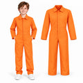 A child wears an orange jumpsuit costume beside an isolated view of the one-piece coverall.