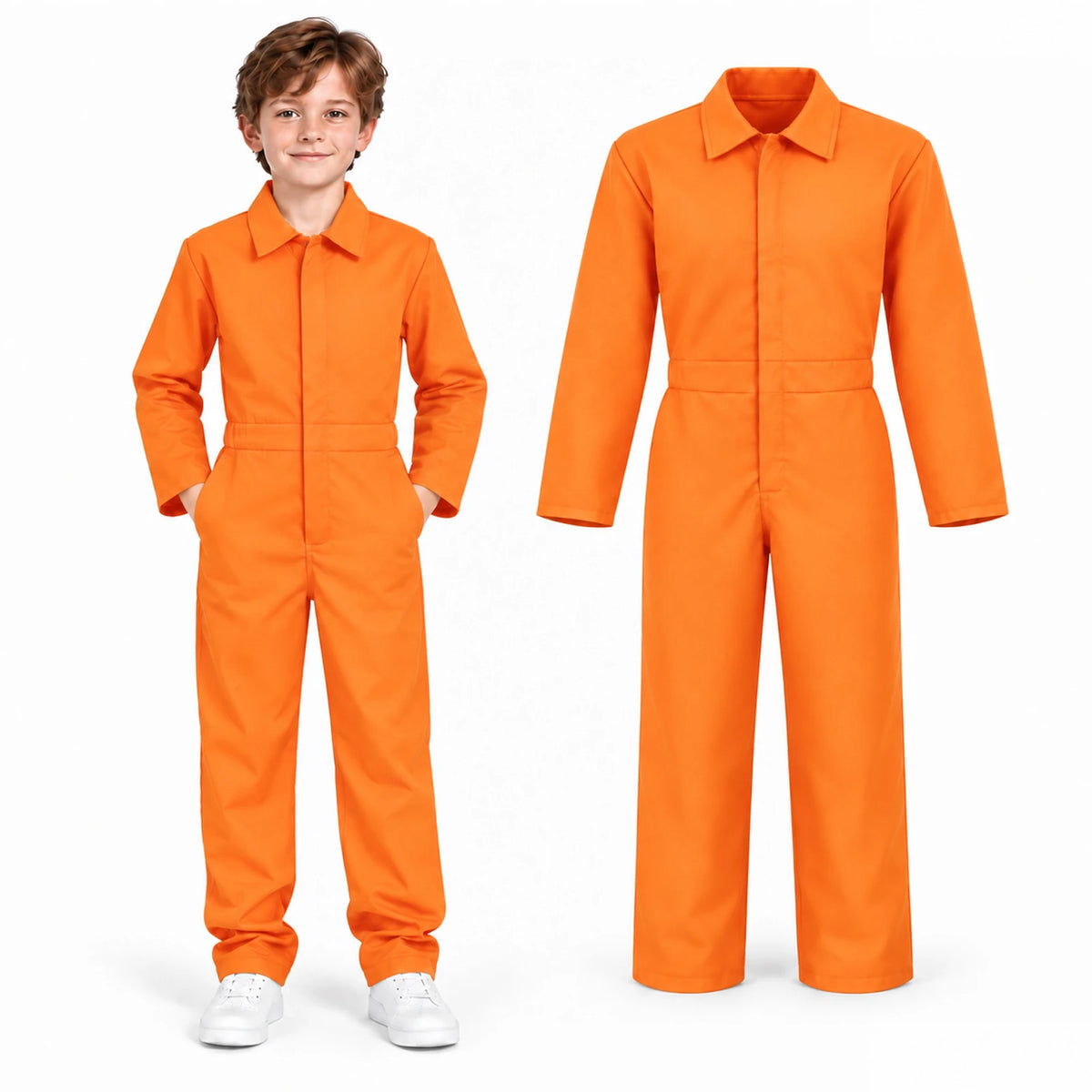 A child wears an orange jumpsuit costume beside an isolated view of the one-piece coverall.