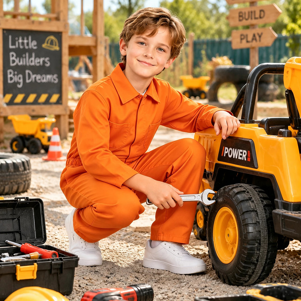 A child in the orange coverall costume plays with a toy construction vehicle and tools, which are not included.