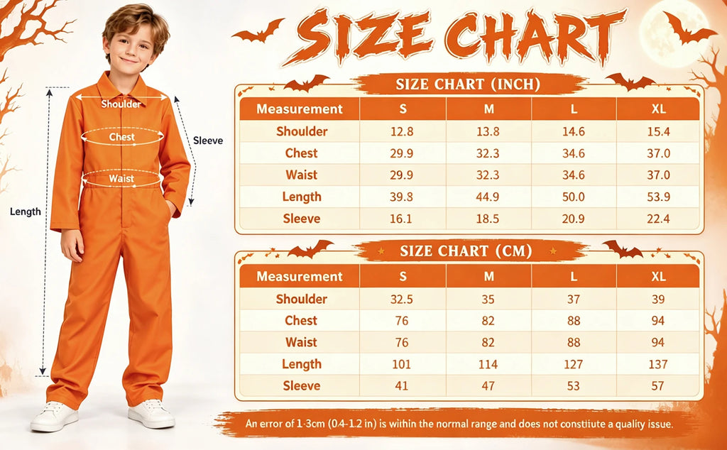 Coverall costume size chart shows shoulder, chest, waist, full length and sleeve measurements in centimeters and inches for S through XL.