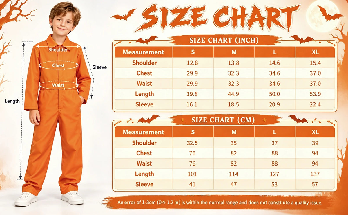 Coverall costume size chart shows shoulder, chest, waist, full length and sleeve measurements in centimeters and inches for S through XL.