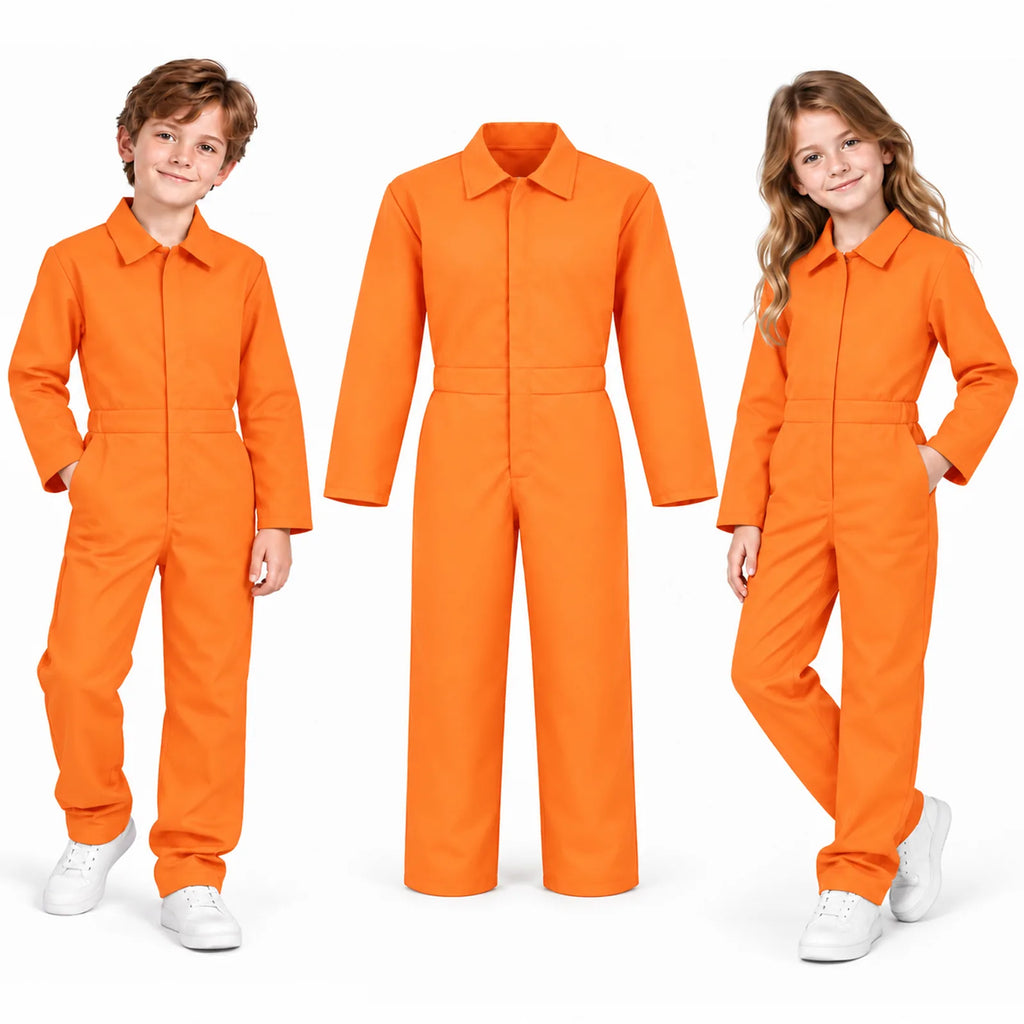 Two children stand beside an isolated orange coverall costume on a white background.