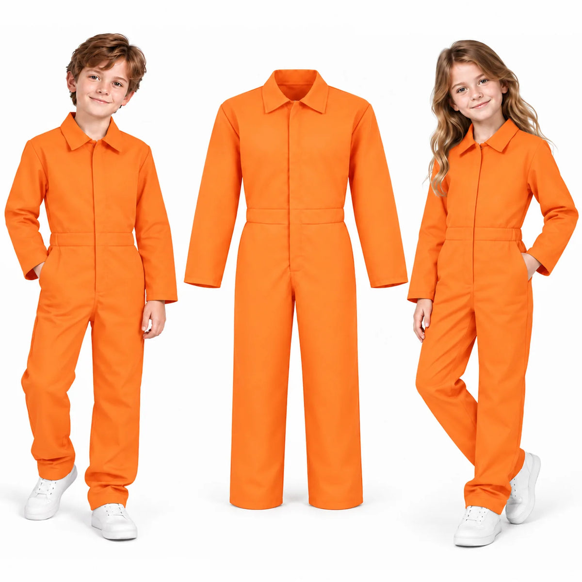 Two children stand beside an isolated orange coverall costume on a white background.