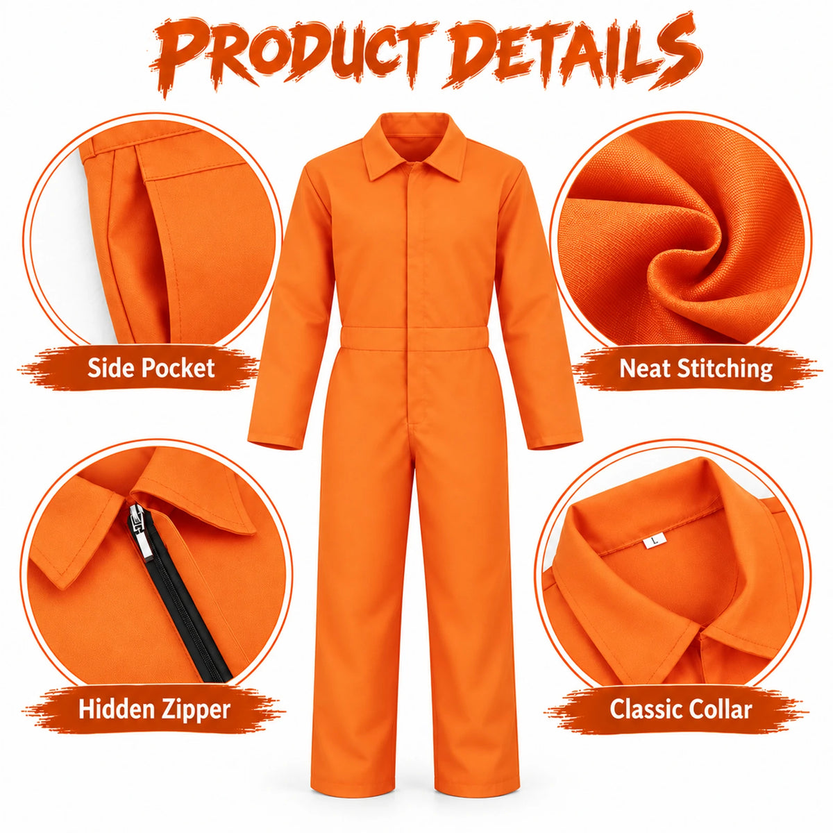 Detail panels of the orange coverall costume show a side pocket, stitching, hidden zipper and pointed collar.
