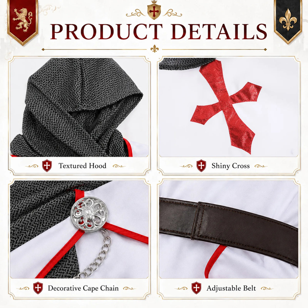 Close-up details of the chainmail-look hood, red cross tunic, cape trim and belt