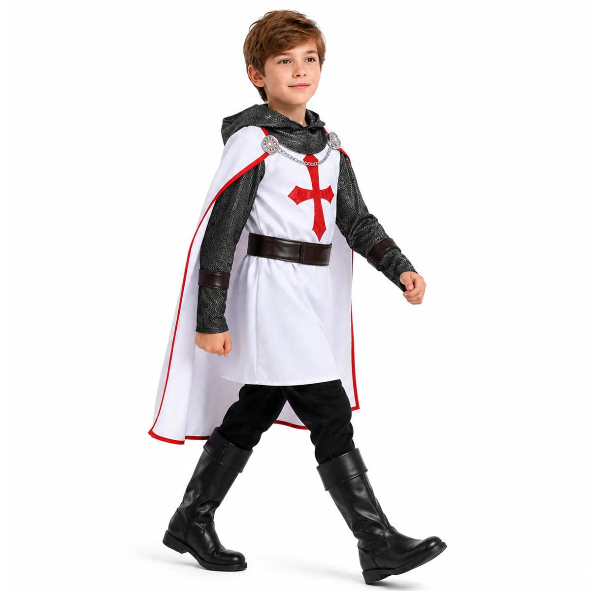 Front and back views of the kids crusader knight costume with white cape and red cross tunic
