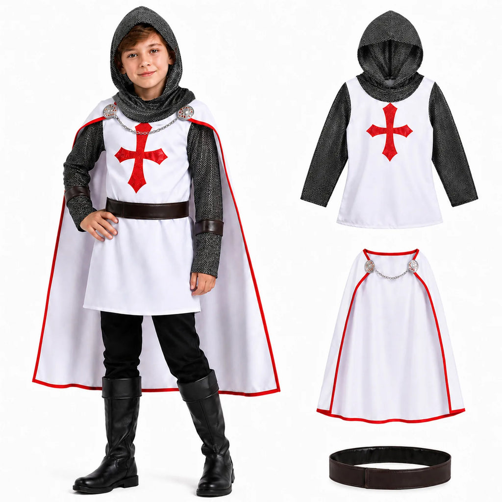 Child wearing the white and red crusader knight costume with hooded tunic, cape and belt