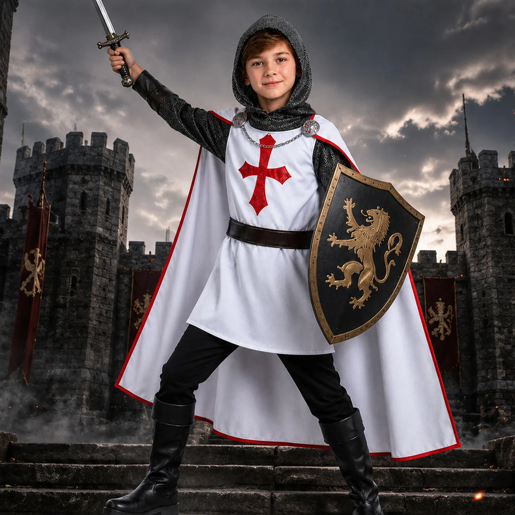 Two children wearing the crusader knight costume in a medieval castle scene