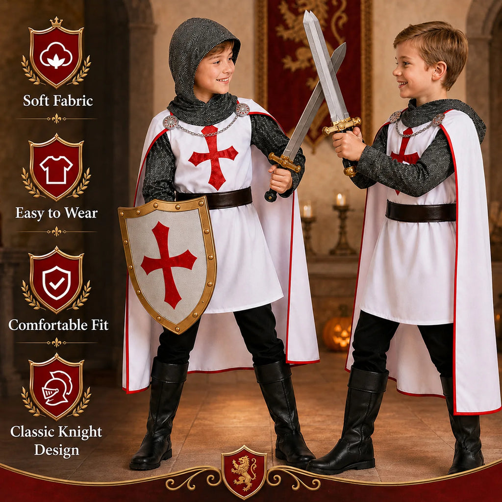 Kids crusader knight costume set showing the hooded tunic, white cape and brown belt