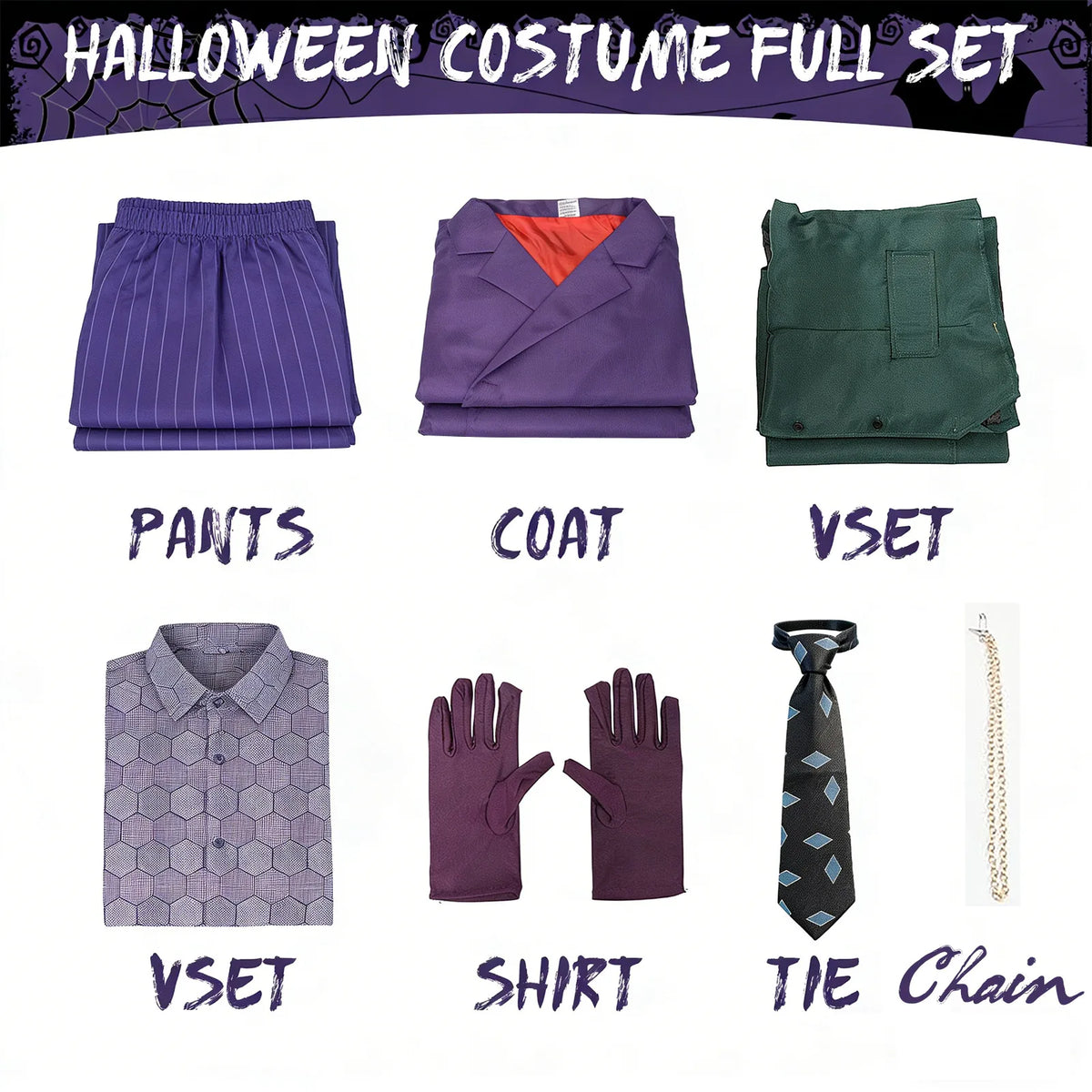 Kids Dark Knight Costume – Purple Coat 7-Piece Set – default size chart.