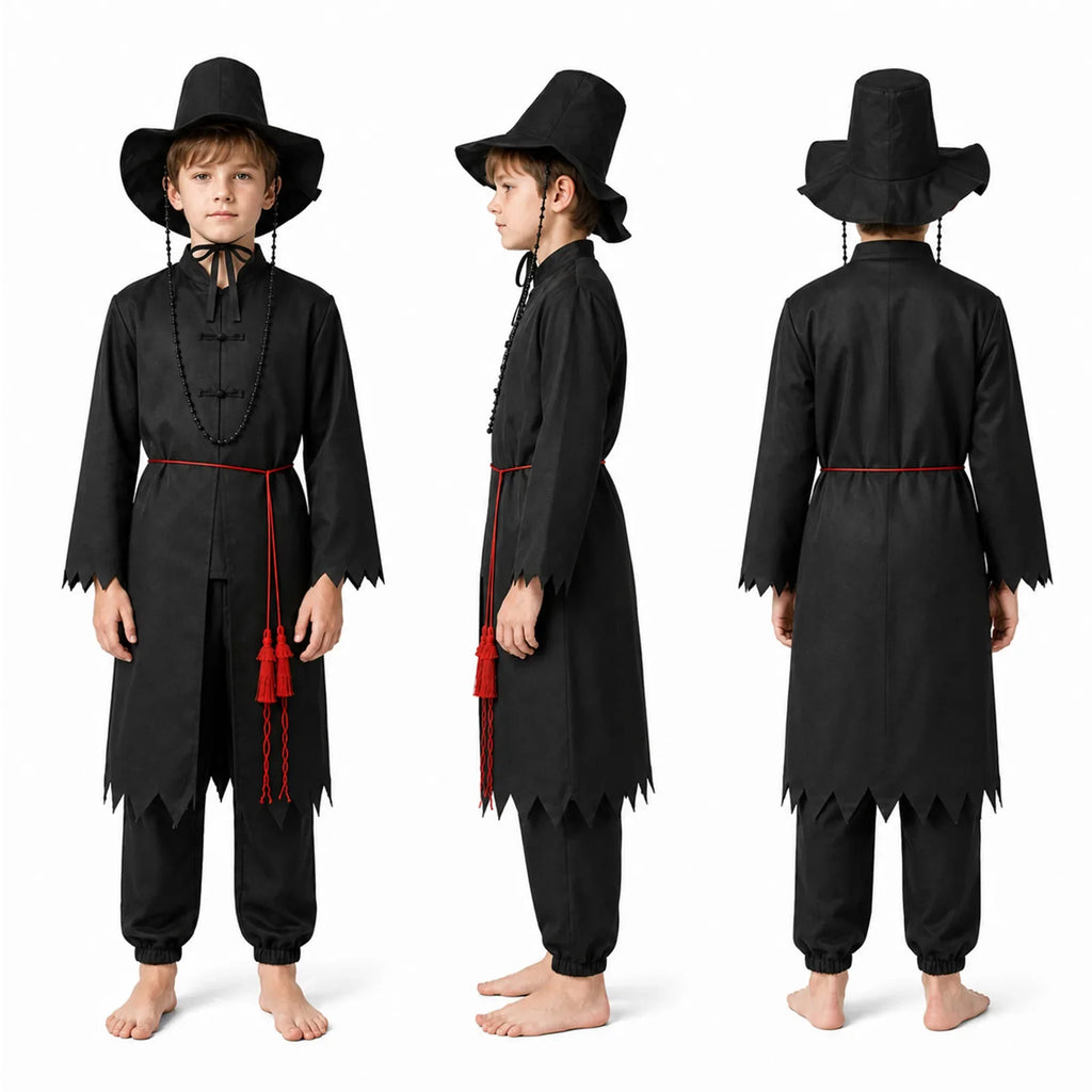 Kids demon hunter costume in front, side and back views.