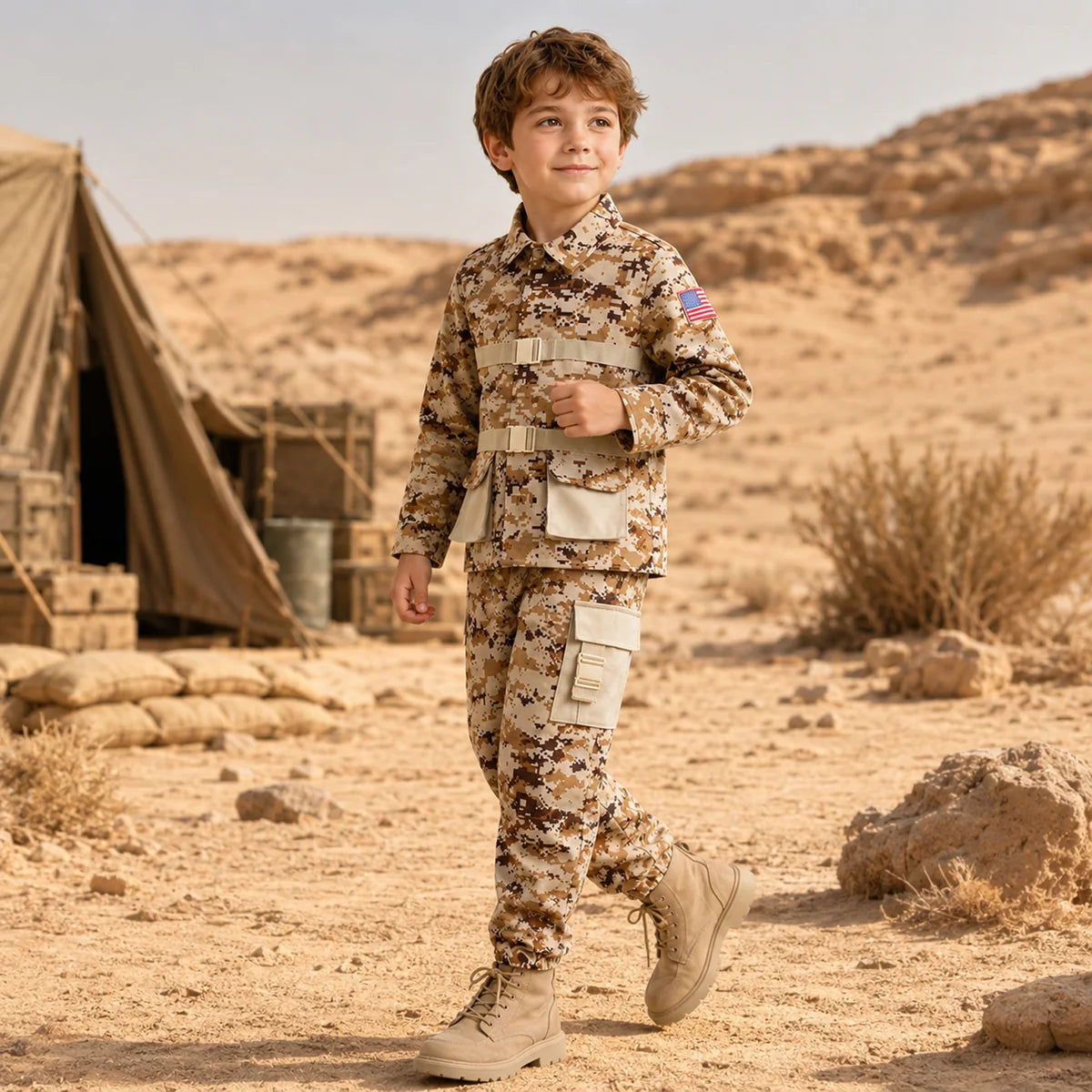 Kids desert camouflage costume in outdoor adventure scene