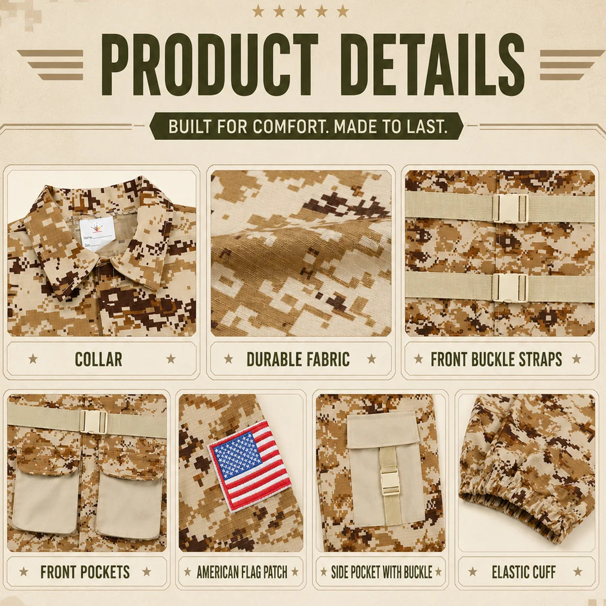 Close-up details of camouflage shirt pockets straps and patch