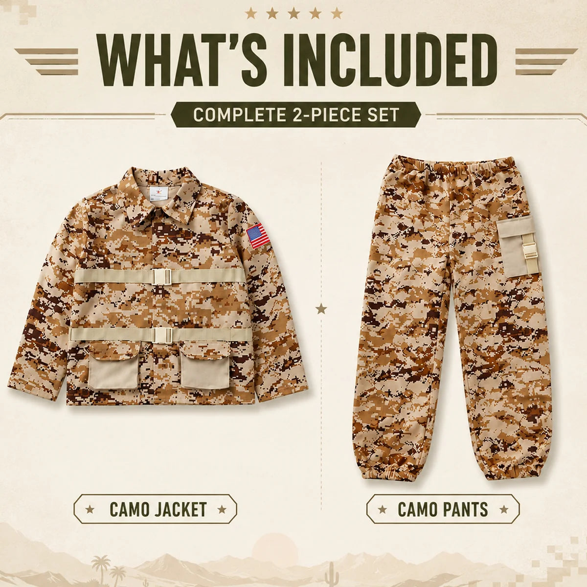 Included kids camouflage shirt and matching pants
