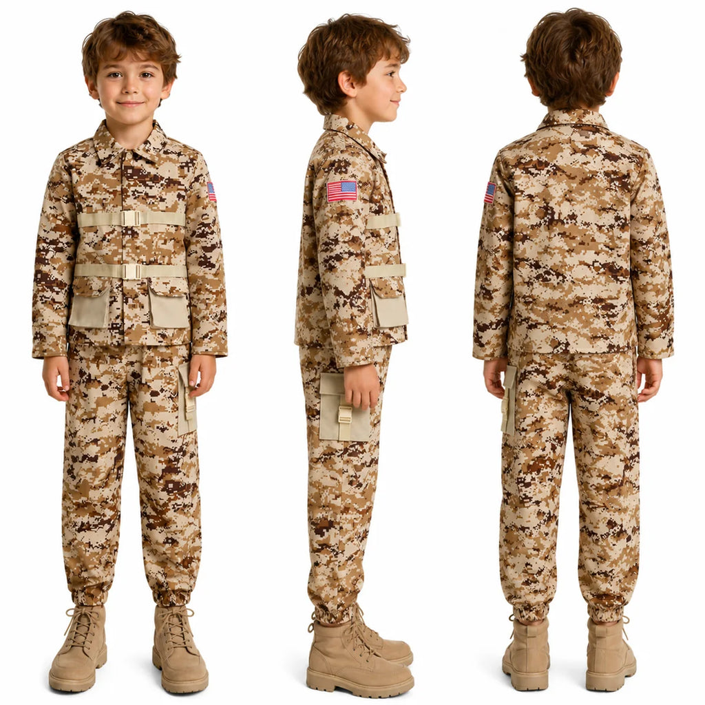 Kids desert camouflage costume front side and back views