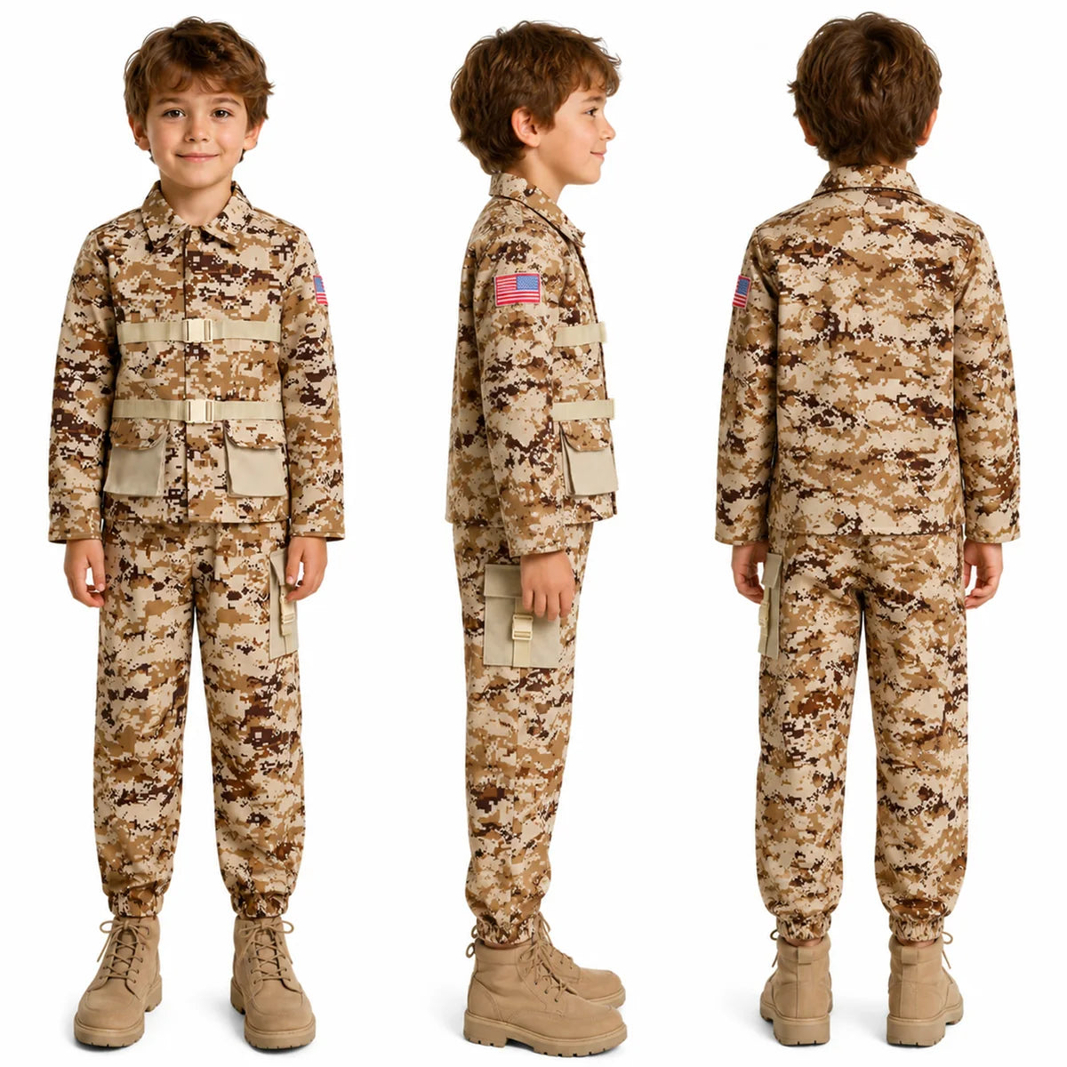Kids desert camouflage costume front side and back views