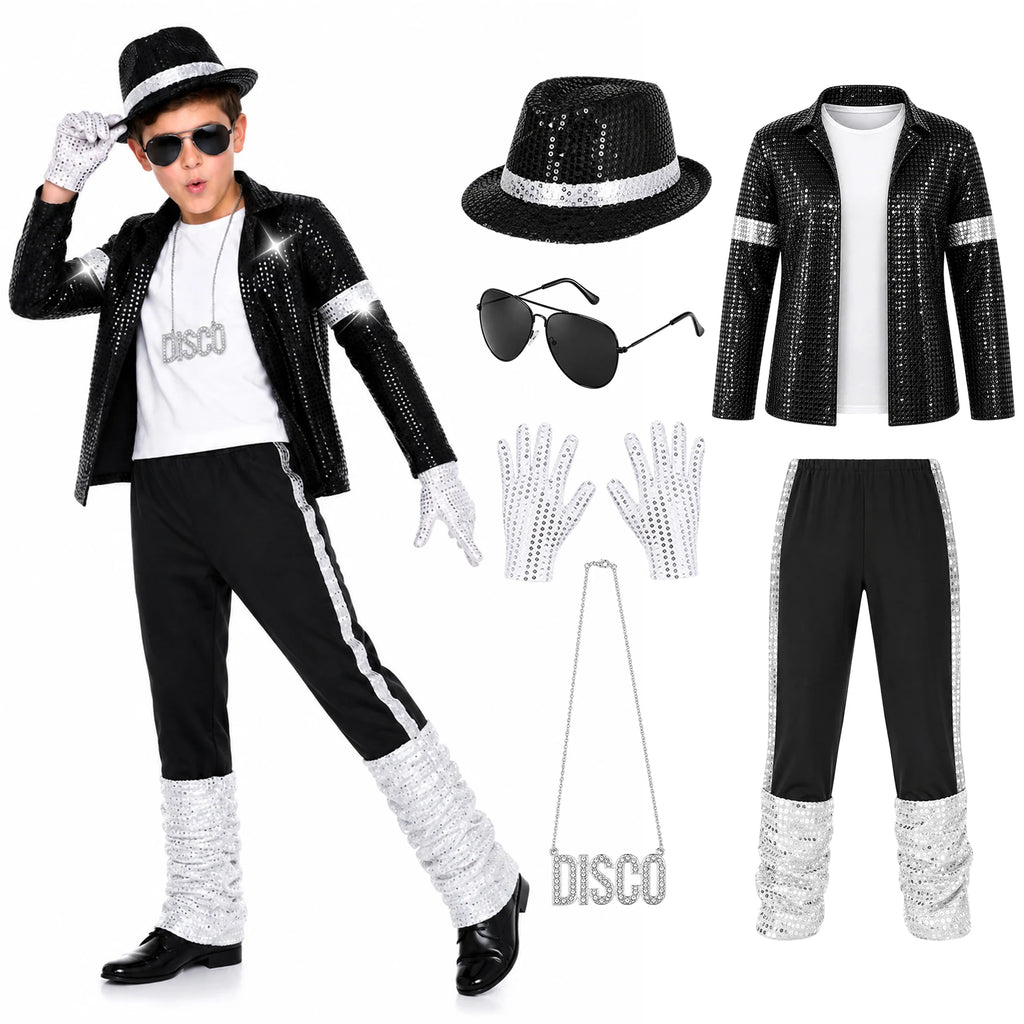 Child wearing a black sequin decorated jacket pants white top hat glasses gloves and DISCO necklace.