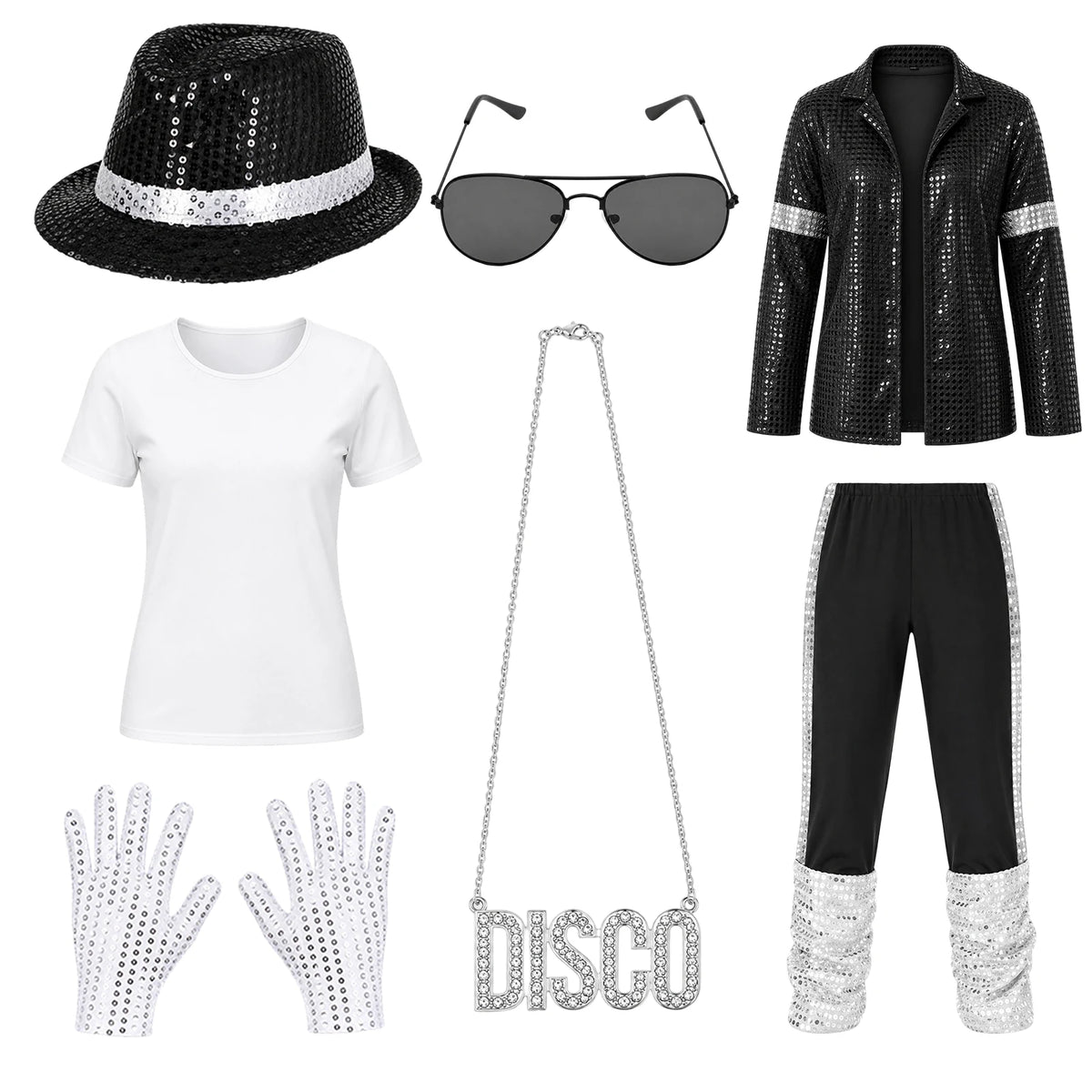 Seven separate disco costume components show the jacket top pants hat glasses gloves and necklace.