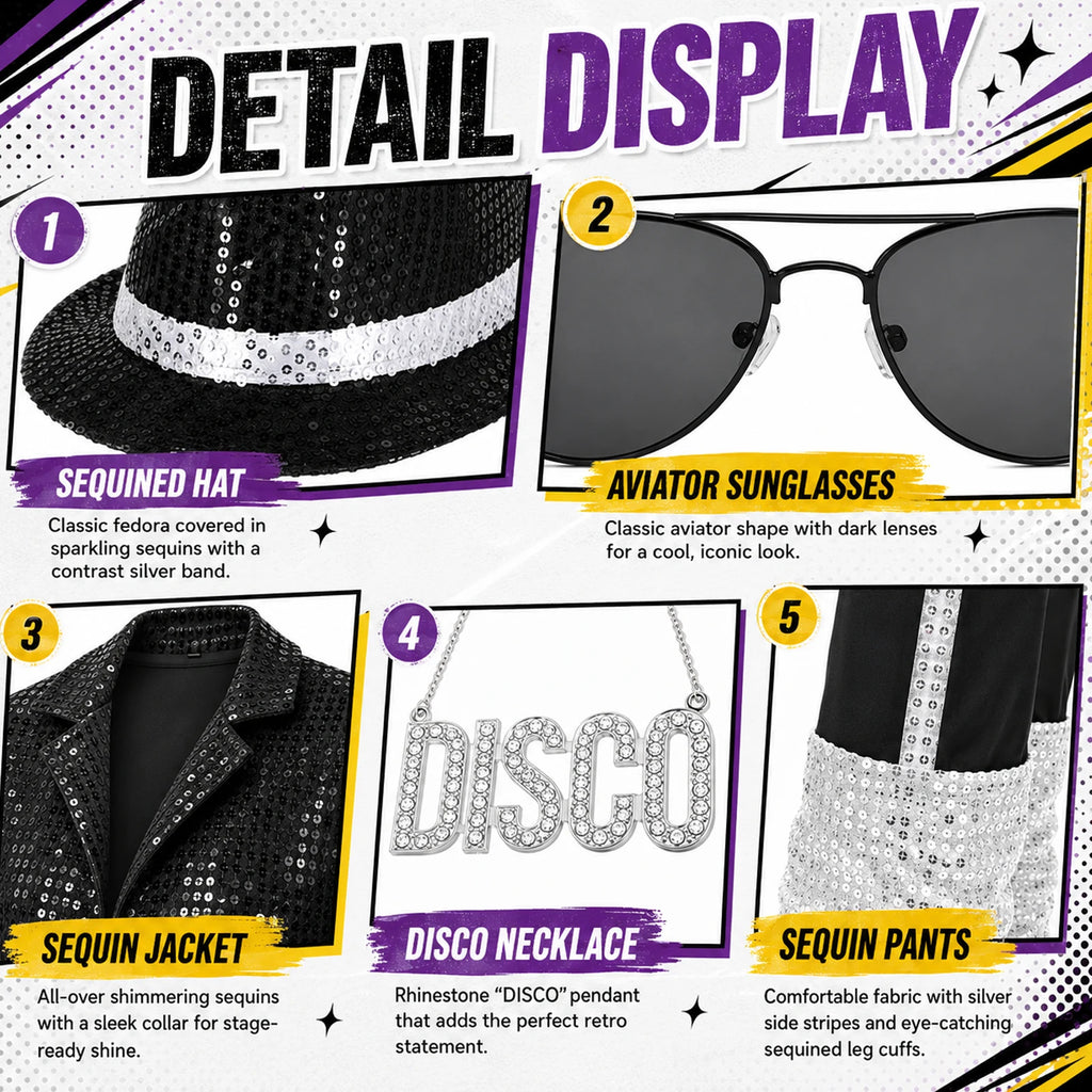 Detail panels show the sequin hat dark glasses decorated jacket DISCO pendant and pant trim.