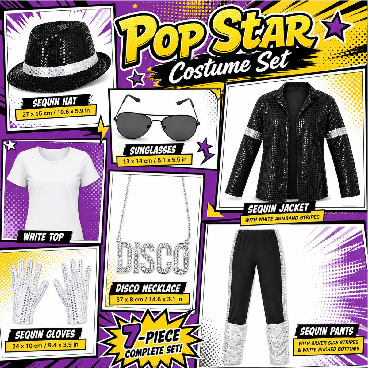 Printed graphic labels seven costume components and outside dimensions for the hat glasses necklace and gloves.