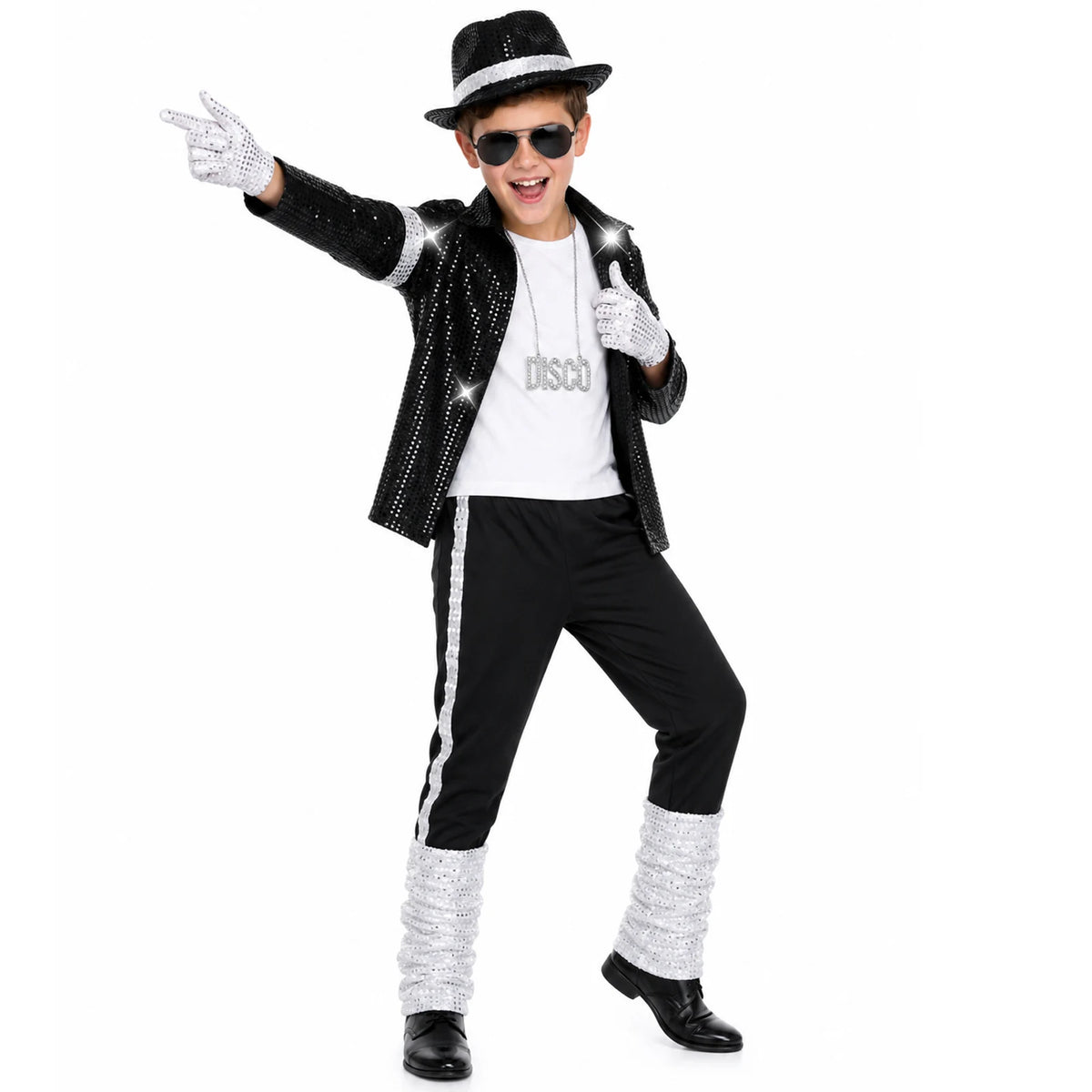 Boy posing in the black disco outfit with silver pant trim and white ruched lower legs.