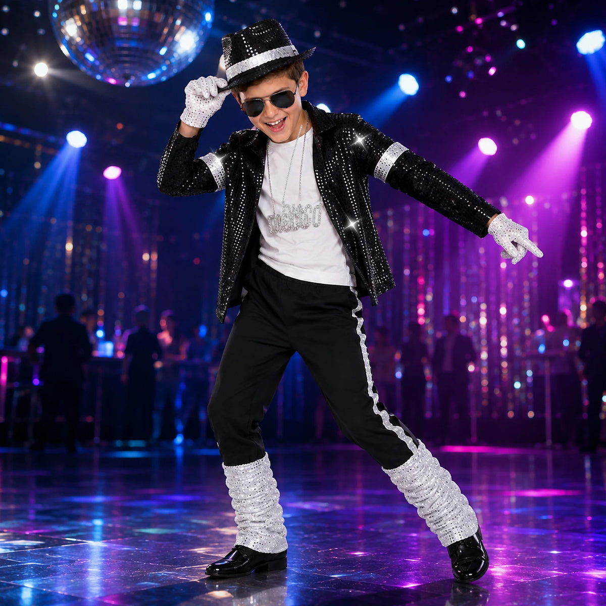Several children wear black disco outfits with white lower leg details in a stage setting.