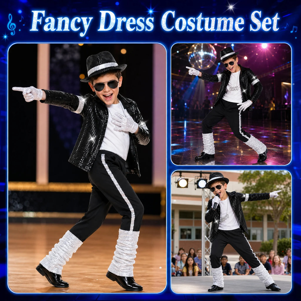 Multiple party and performance scenes show a child wearing the black sequin disco costume outfit.