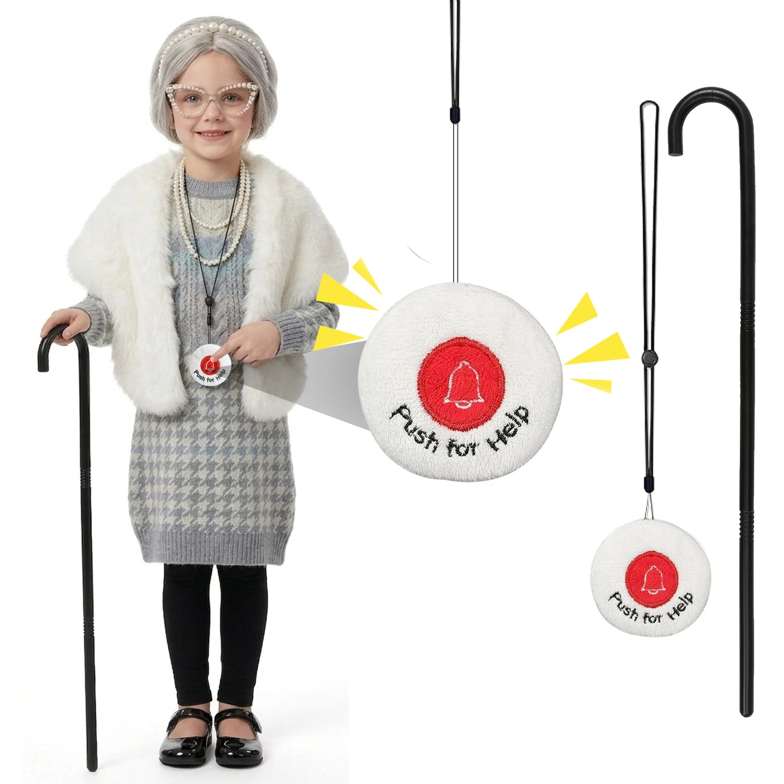 A clear product view presents a kids grandma costume accessory set with black cane and help button necklace, with the black cane and round push-for-help pendant clearly visible.