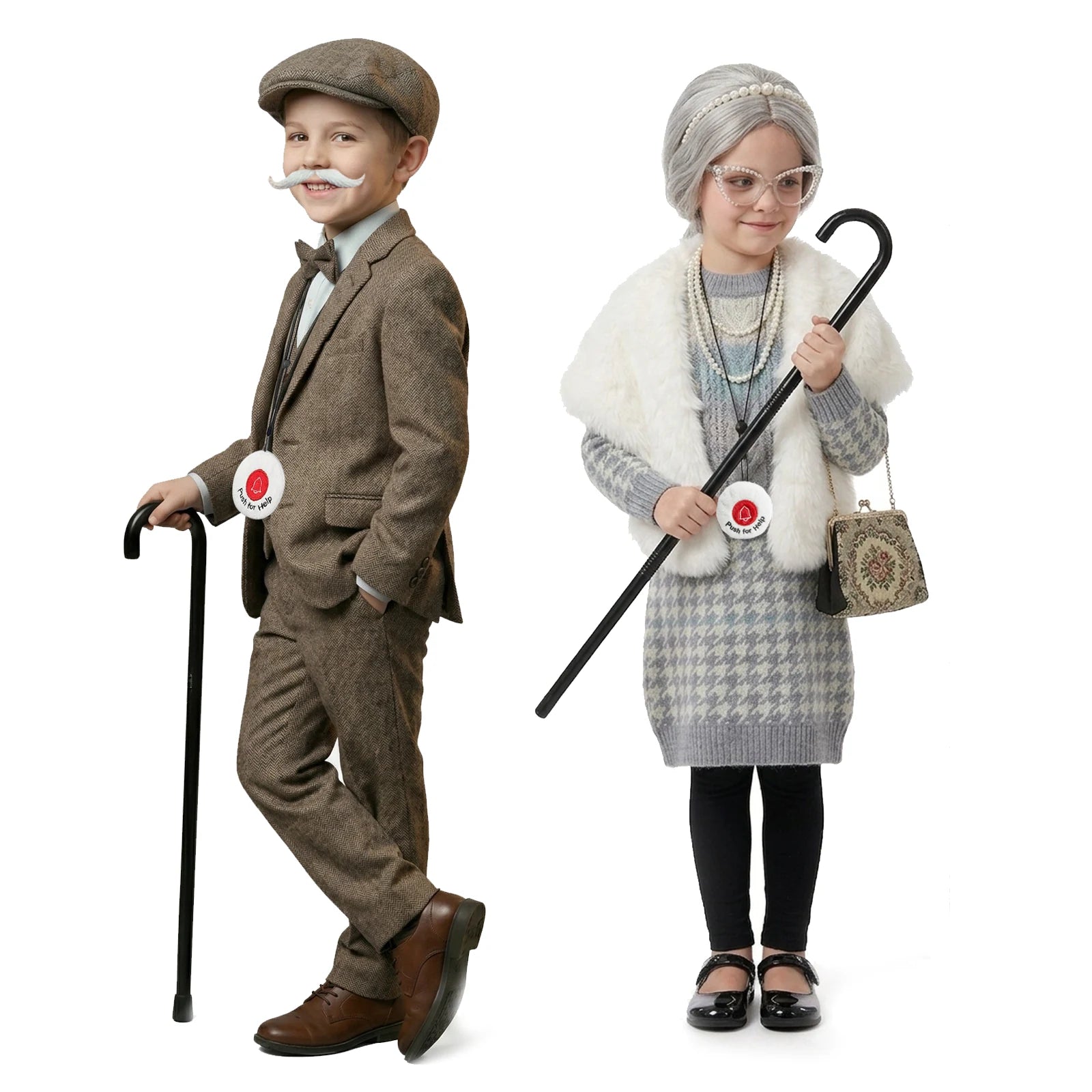 A clear product view presents a kids granny dress-up accessories shown from different angles, with the black cane and round push-for-help pendant clearly visible.