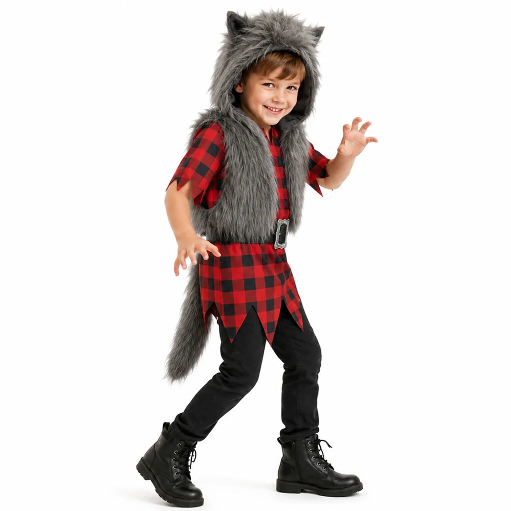 Child wearing gray werewolf costume with red plaid tunic