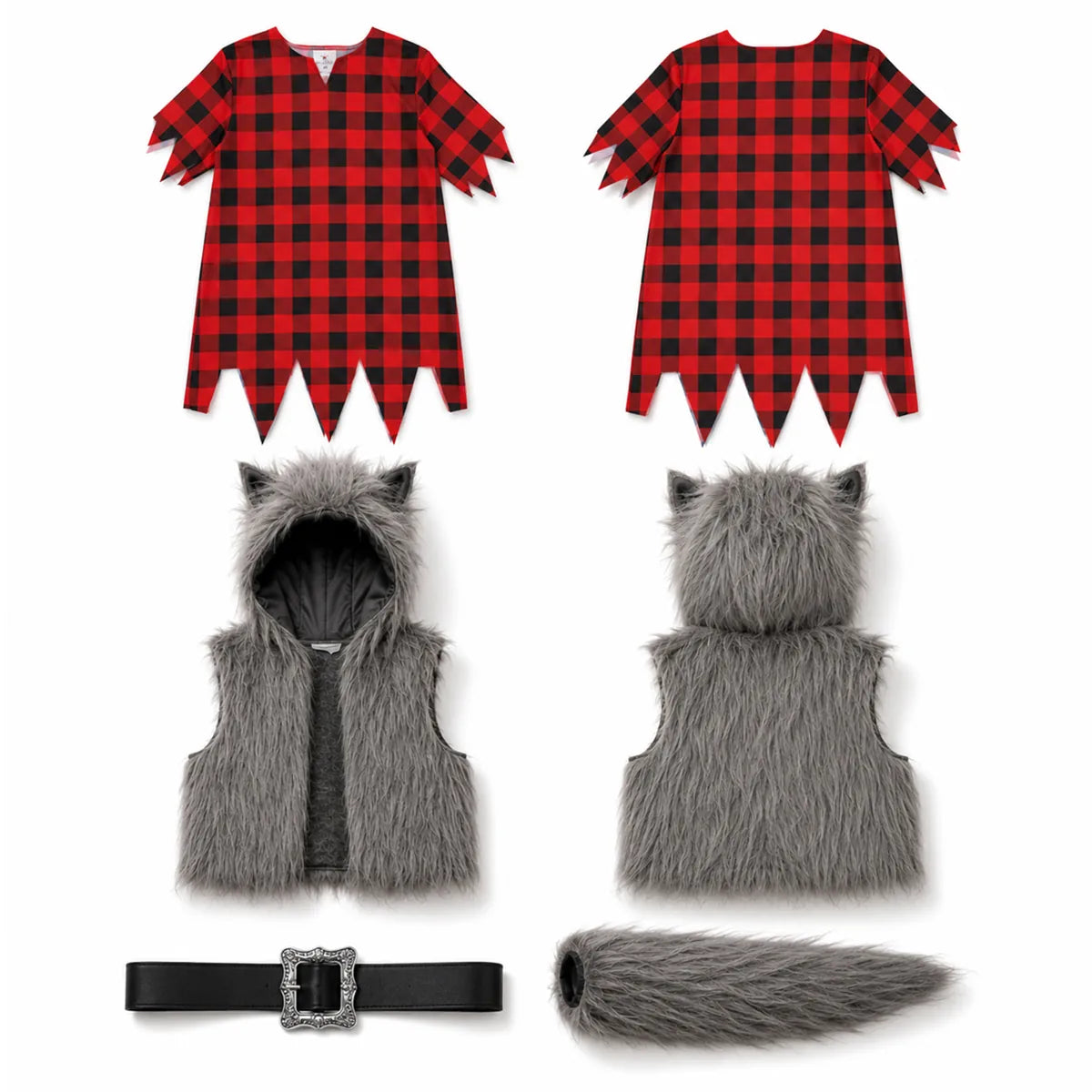 Kids werewolf costume plaid tunic hooded vest belt and tail pieces