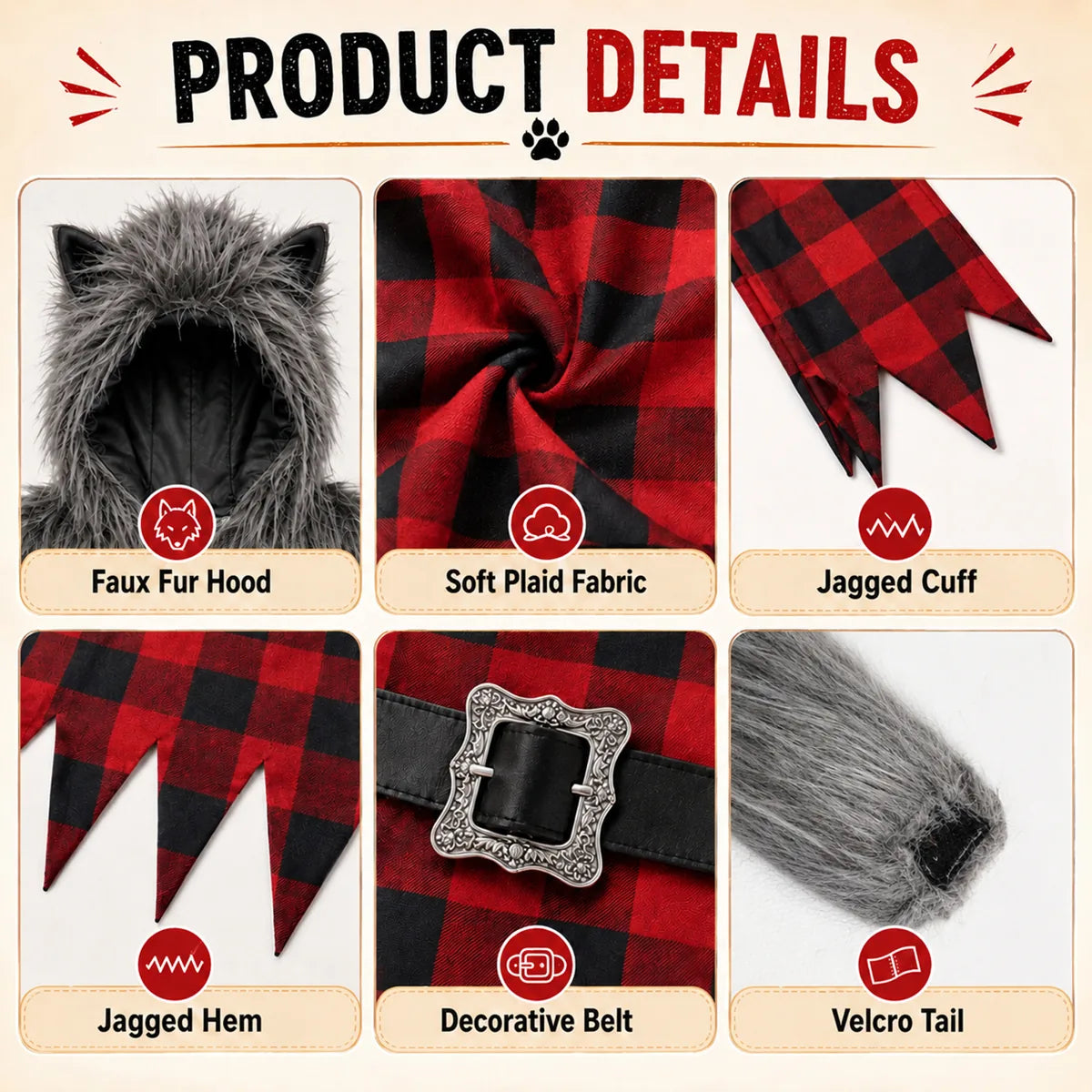 Werewolf costume faux fur hood plaid fabric jagged trim belt and tail details