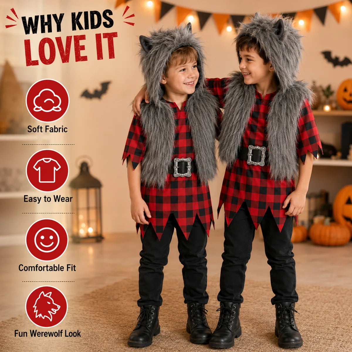 Kids werewolf costume soft fabric easy wear fit and playful look