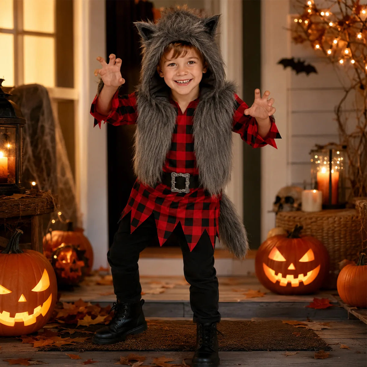 Kids werewolf costume in Halloween pumpkin scene