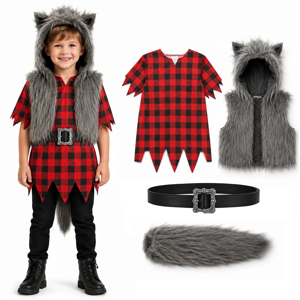 Kids gray werewolf costume with hooded vest plaid tunic belt and tail