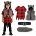 Kids gray werewolf costume with hooded vest plaid tunic belt and tail