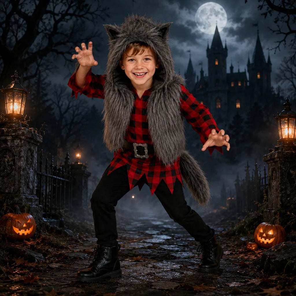 Child in gray werewolf costume under a full moon